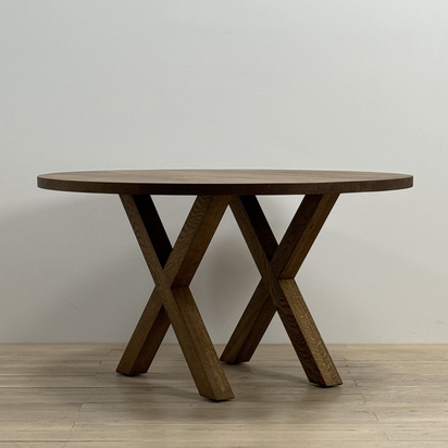 Solid Wood Brown Oak Round Table X Wooden Legs